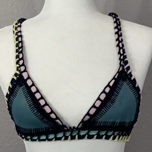 KIINI TEAL FLOR BIKINI TOP Crocheted & Elastic Straps‎ SIZE Medium